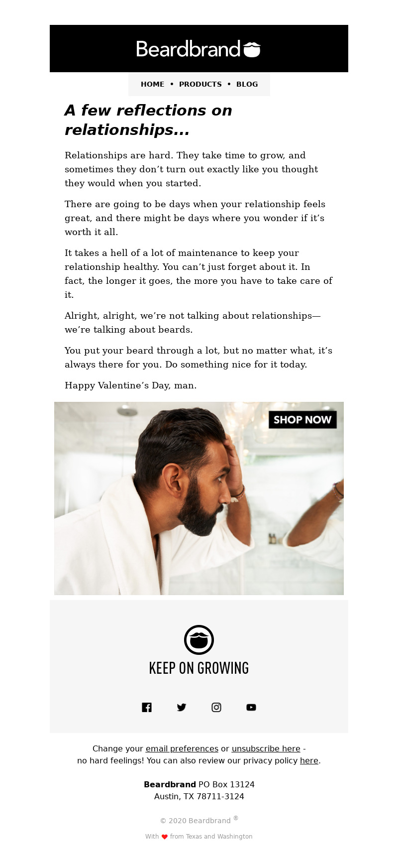 Beardbrand, Valentine's Day email campaign with playful and creative copywriting. 