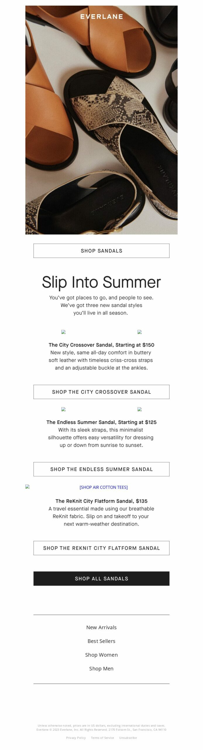 Everlane, summer email campaign for social media calendar.