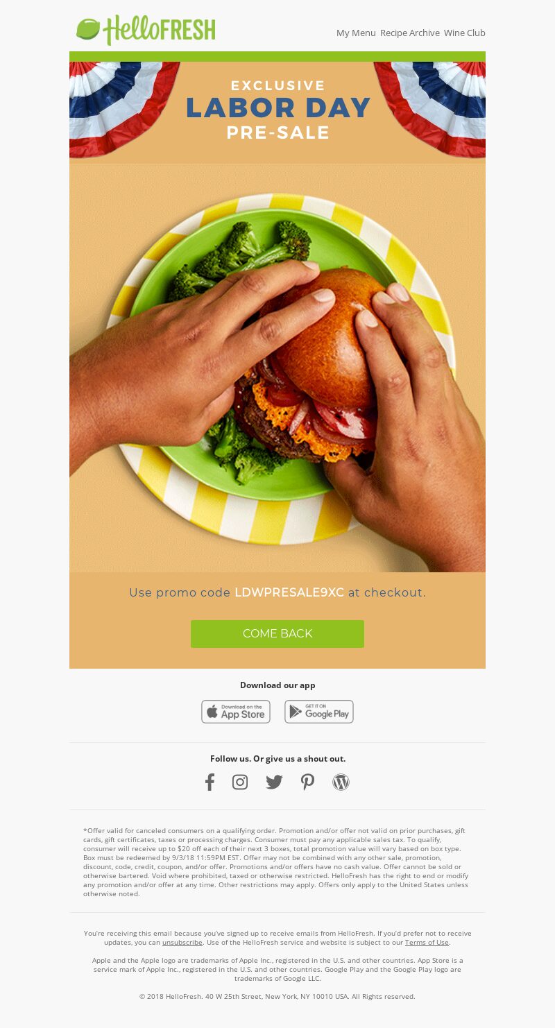 Hello Fresh, Labor Day pre-sale campaign email offering six free meals.