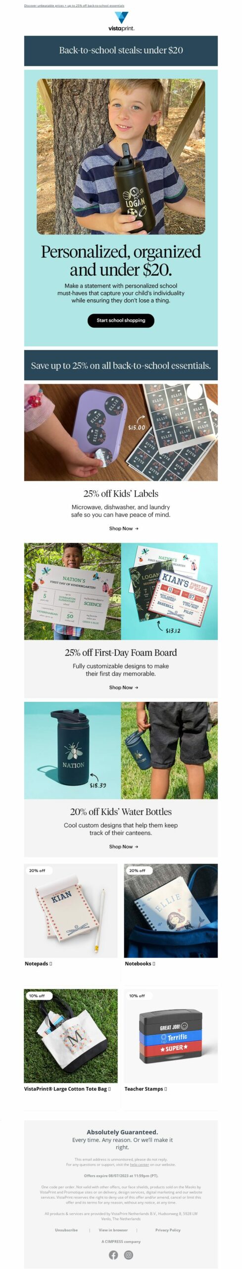 Vistaprint, back-to-school email marketing campaign. 