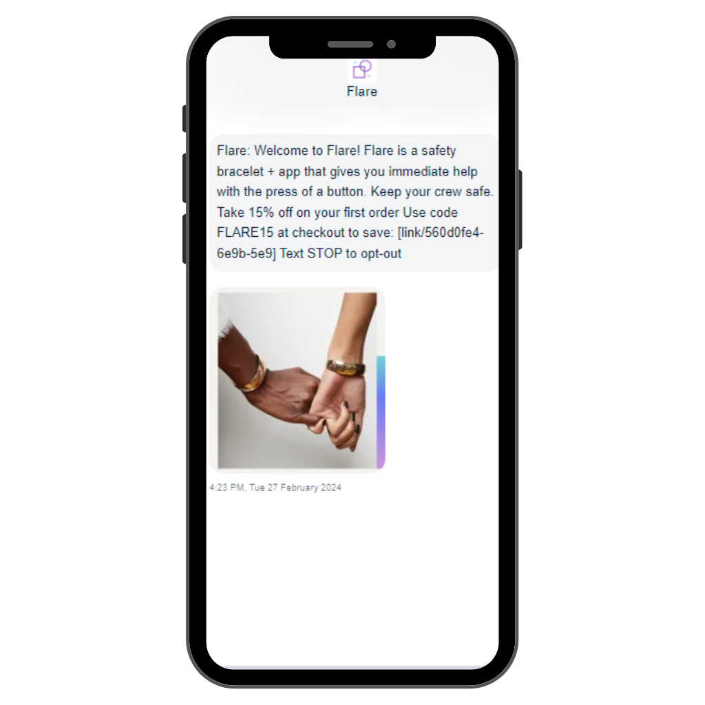 Flare, SMS welcome series message showing its brand story. 
