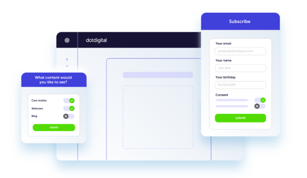 UI dashboard featuring customer preferences and a subscribe for with customisable fields.