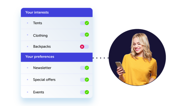 a UI display of a customer's product interests and contact preferences.