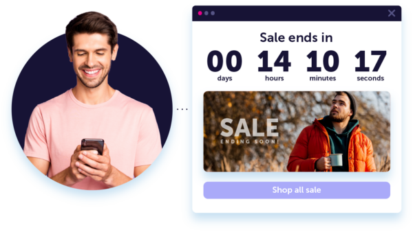 Dotdigitalプラットフォームで設定されたカウントダウンタイマーを見ているモバイル上の男性をフィーチャーしたユーザーインターフェイスの例