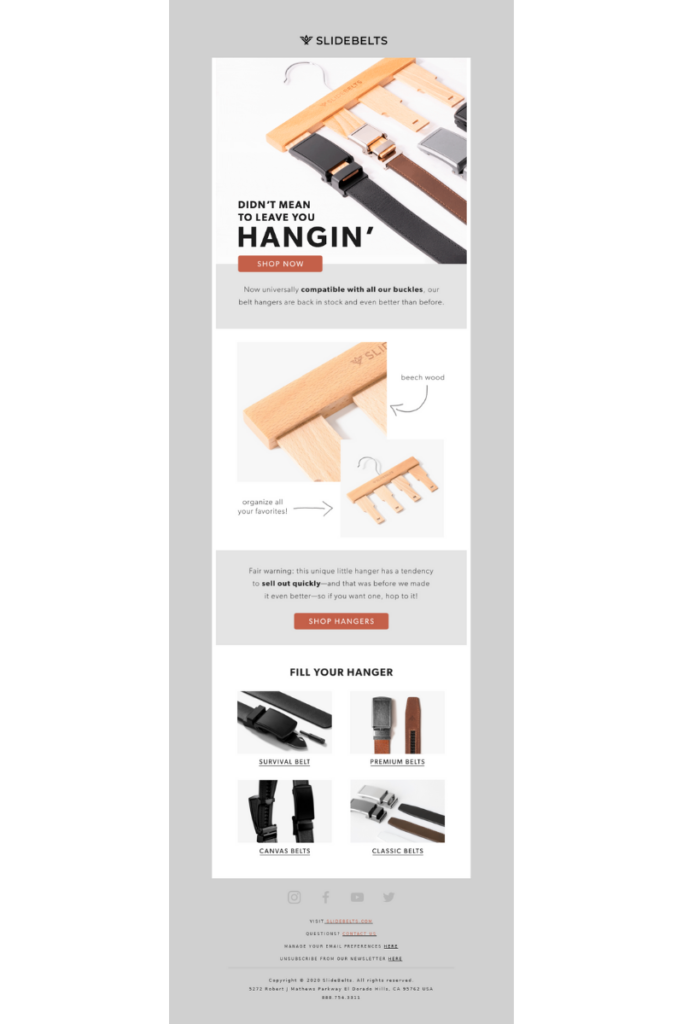 SlideBelts back in stock email marketing example