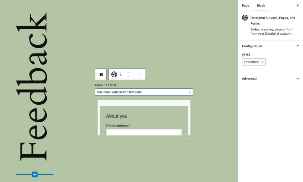 WordPress user view. How to use Dotdigital surveys, landing pages and forms on the block editor.