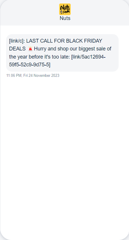 Nuts' Black Friday last-minute reminder SMS campaign.