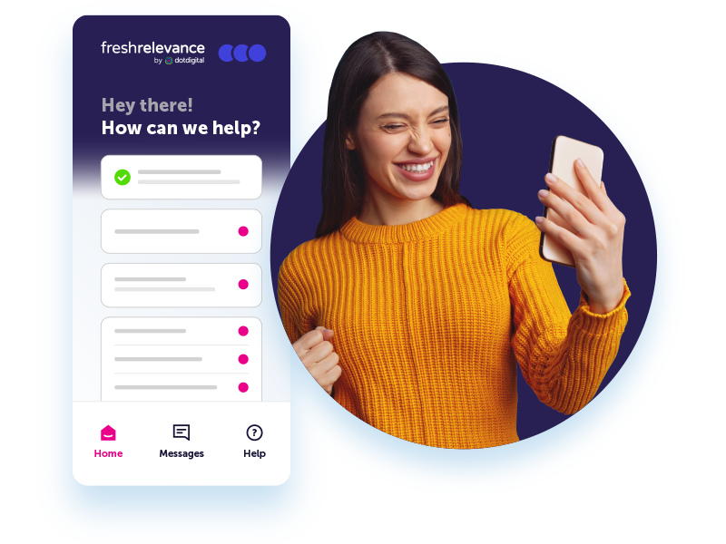 Brunette woman in orange jumper smiling at cell phone with artist mock-up of the new Fresh Relevance support screen overlayed. 